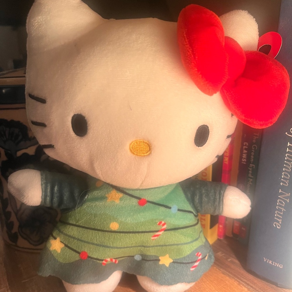 Sanrio Hello Kitty Stuffed Animal with Red Bow and Christmas Dress